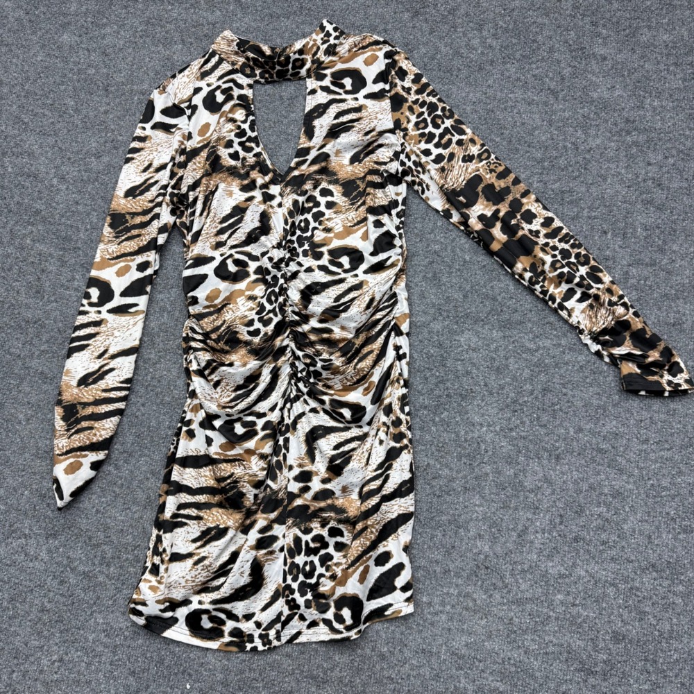 Sheilay Womens Leopard Animal Print Ruched Bodycon Mini Dress Brown Black Size M
